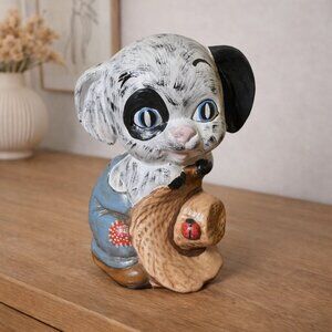 Vintage Coin Bank Black & White Puppy Dog with Overalls Straw Hat & Lady Bug